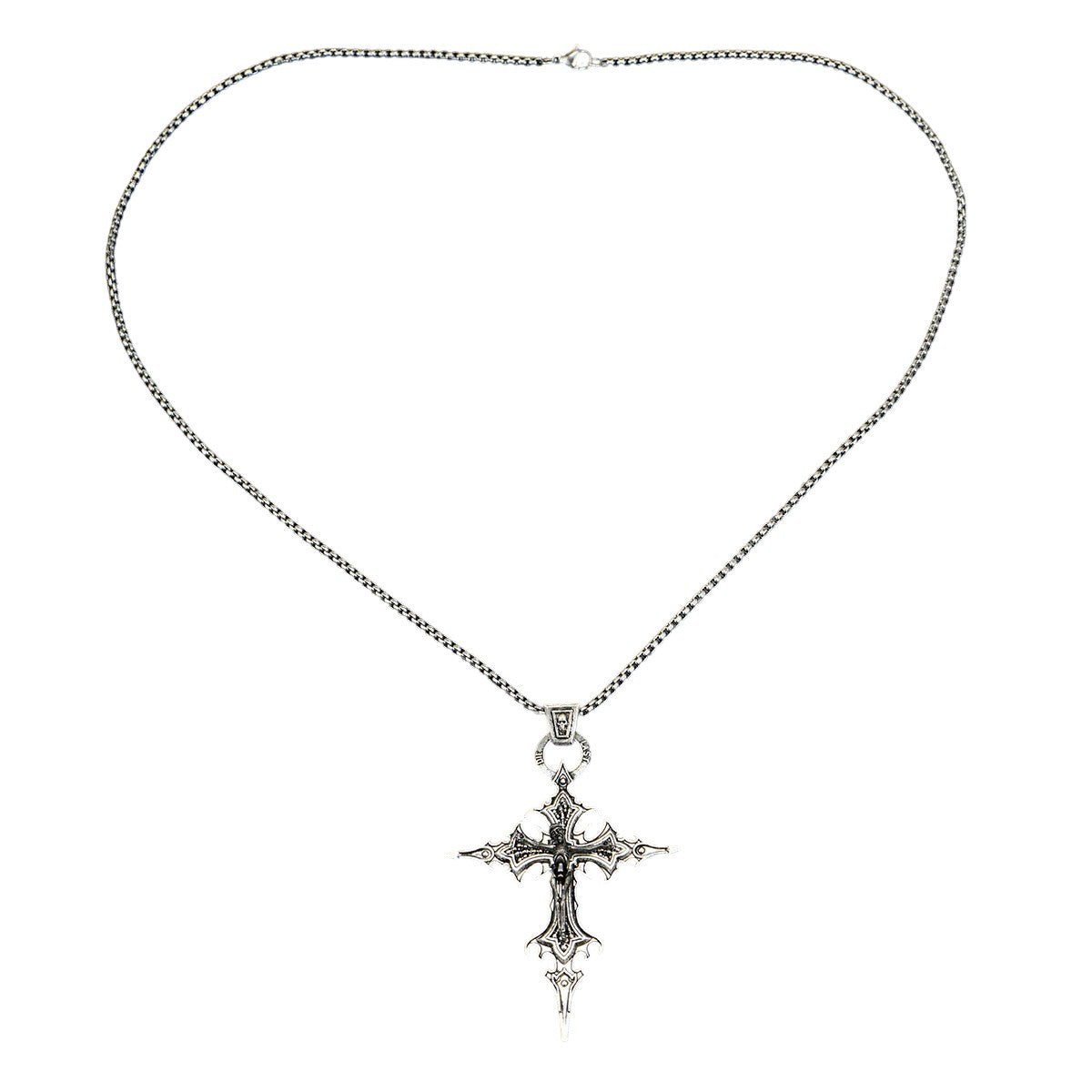 AuraXclusive neo-gothic silver zinc alloy nail cross pendant necklace with a bamboo chain on a black background