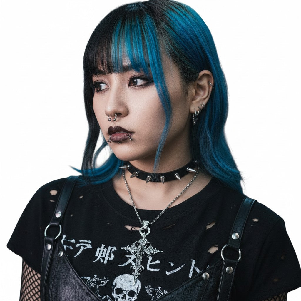 AuraXclusive model wearing a retro gothic nail cross and skull pendant necklace with a spiked choker