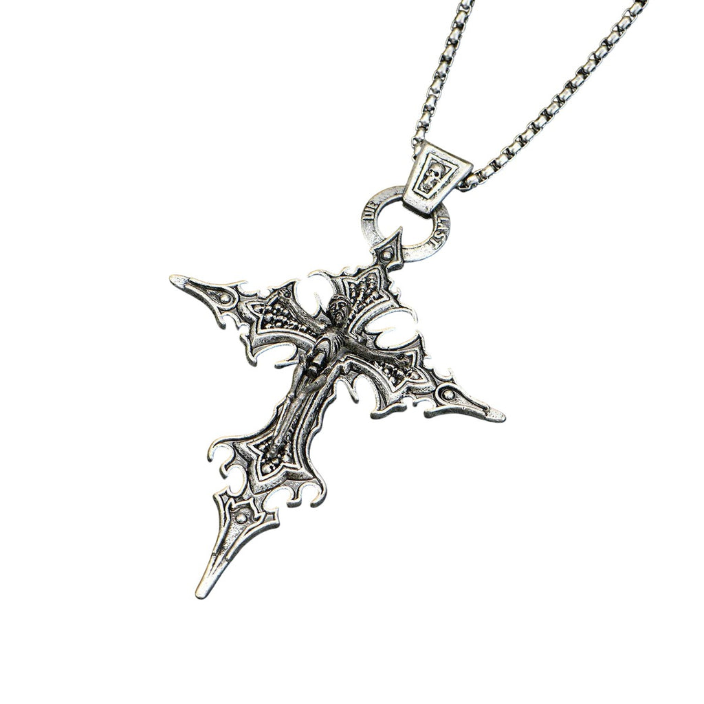 AuraXclusive neo-gothic silver-tone zinc alloy pendant necklace featuring an ornate nail cross and skull design.