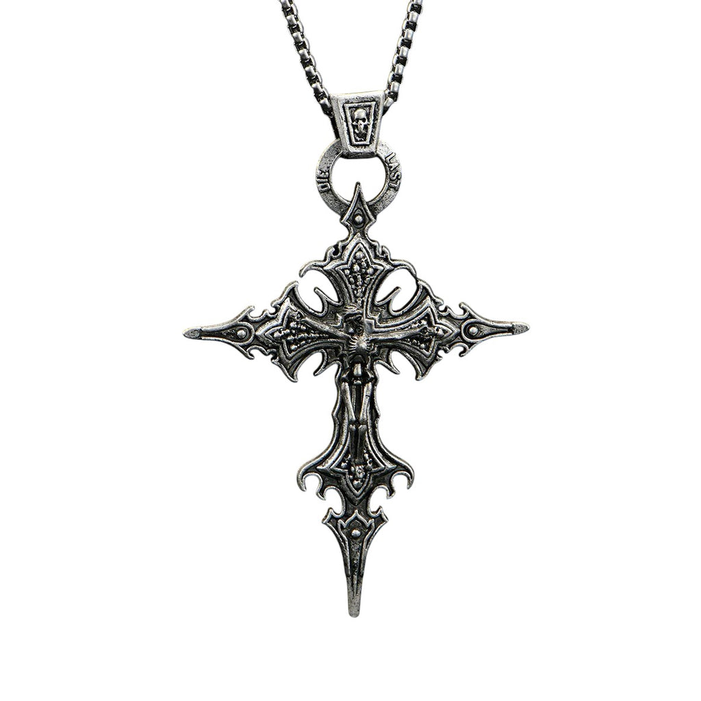 AuraXclusive neo-gothic silver-tone zinc alloy pendant necklace featuring an ornate nail cross and skull design.