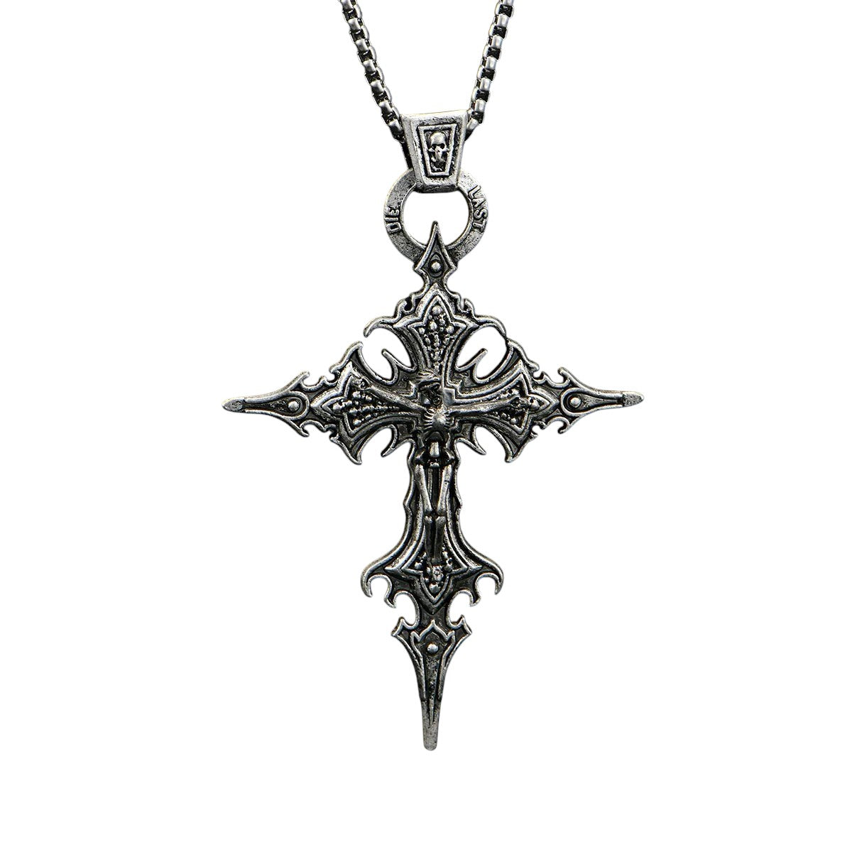 AuraXclusive neo-gothic silver-tone zinc alloy pendant necklace featuring an ornate nail cross and skull design.