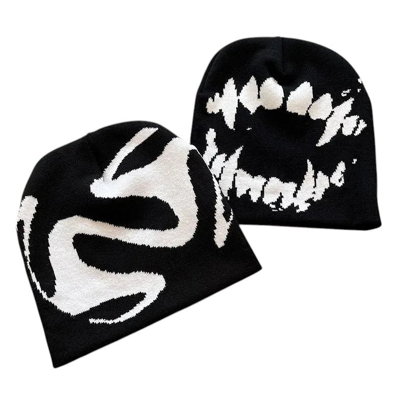 AuraXclusive unisex black and white knit beanies featuring gothic tooth and abstract graphic patterns for streetwear