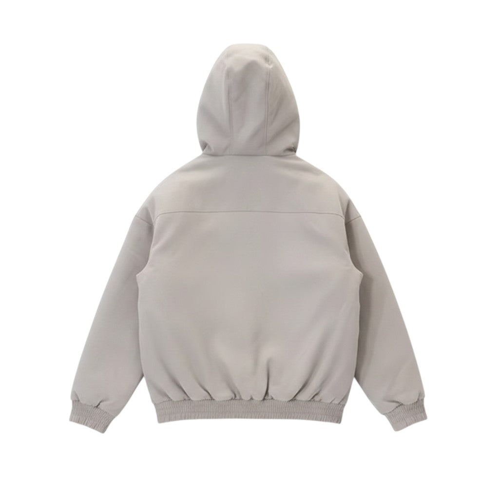 AuraXclusive women's grey hooded winter jacket with a plush lining and ribbed cuffs, back view.