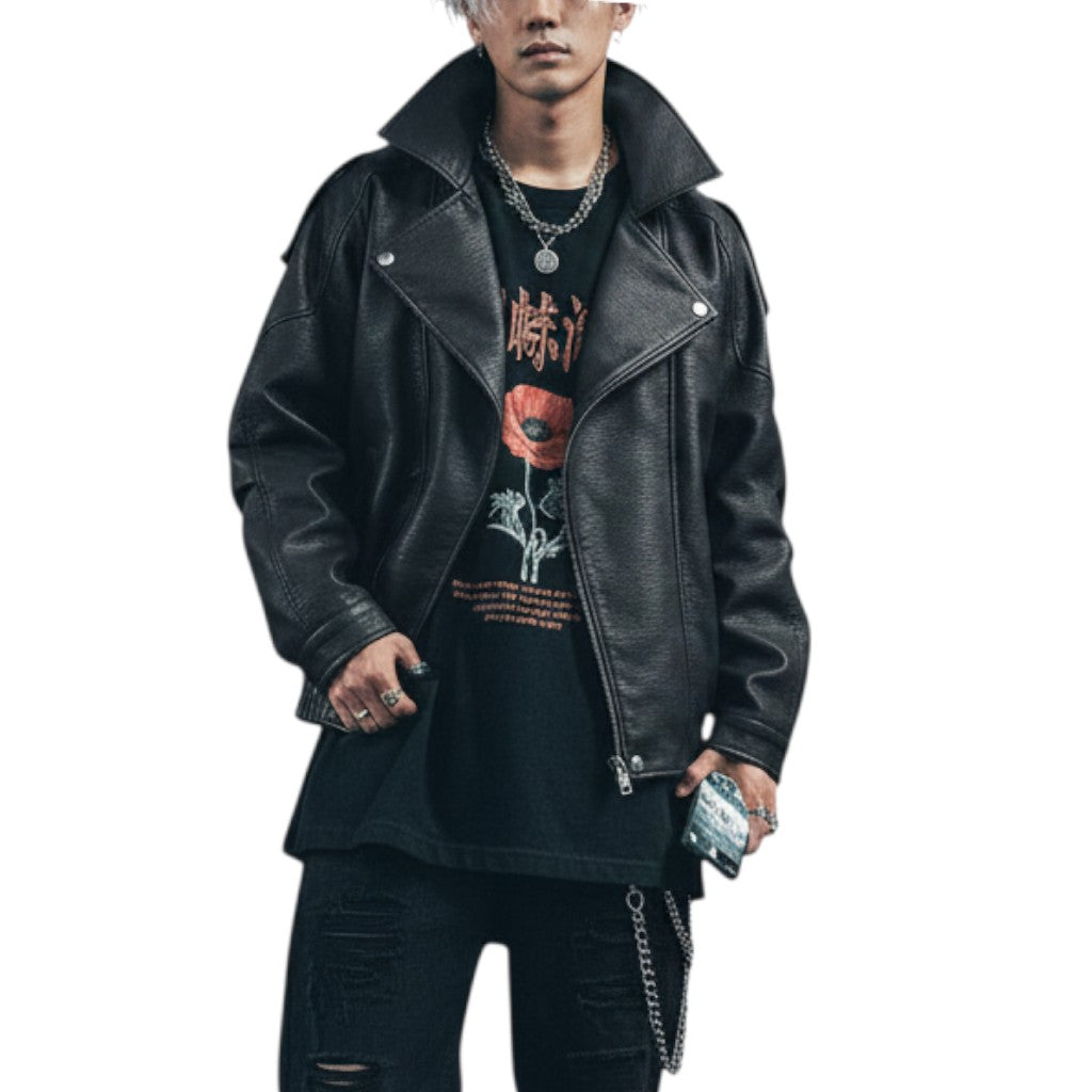 AuraXclusive men's black faux leather biker jacket with a turn-down collar, worn by a model in a casual outfit.