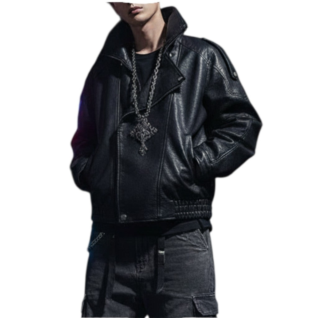AuraXclusive men's black faux leather jacket with a turn-down collar, worn by a model in a casual streetwear outfit.