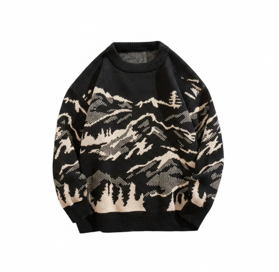 AuraXclusive men's black and beige crewneck sweater featuring a vintage mountain landscape jacquard knit pattern.