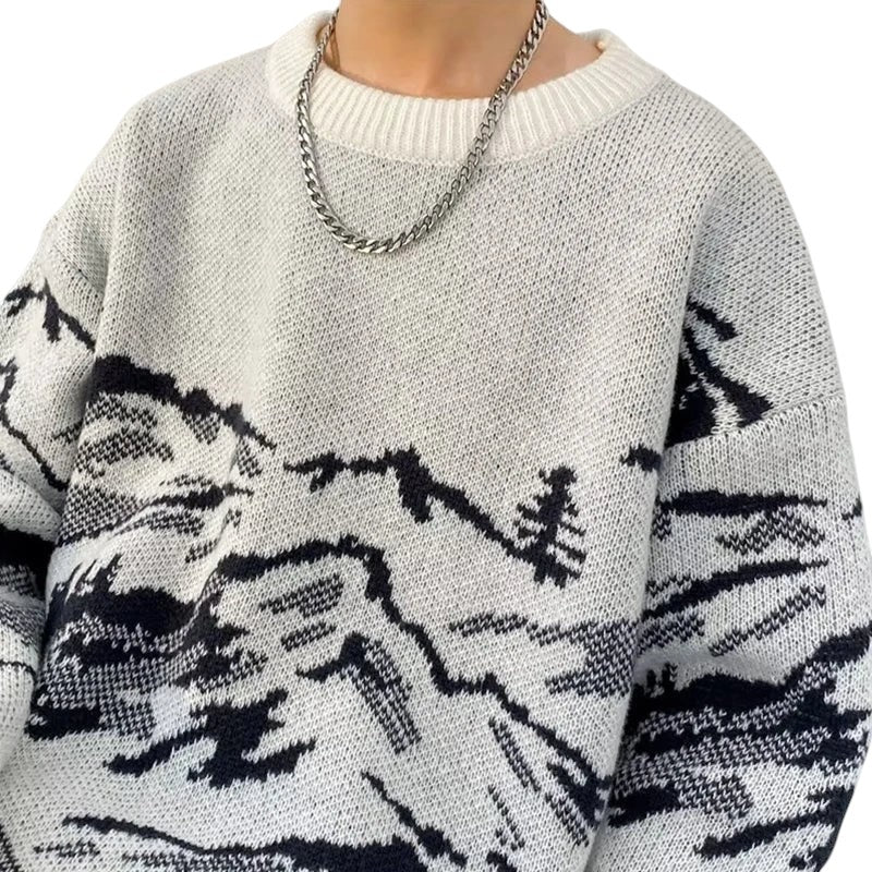 AuraXclusive men's vintage crewneck sweater featuring a black and beige mountain landscape jacquard knit pattern.