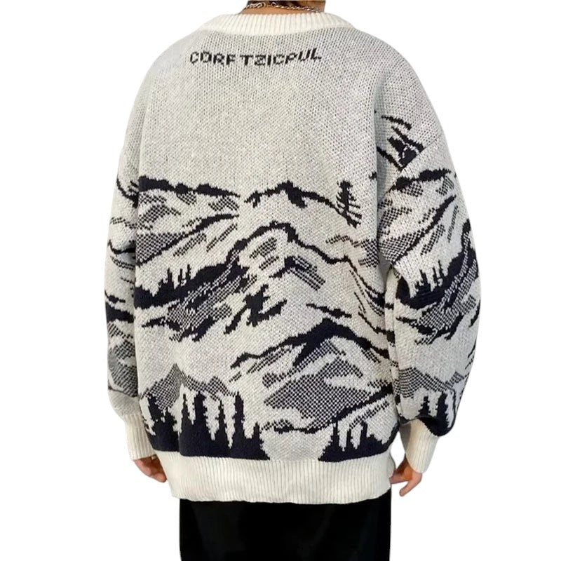 AuraXclusive men's vintage-style crewneck sweater featuring a black and beige mountain landscape jacquard knit pattern.