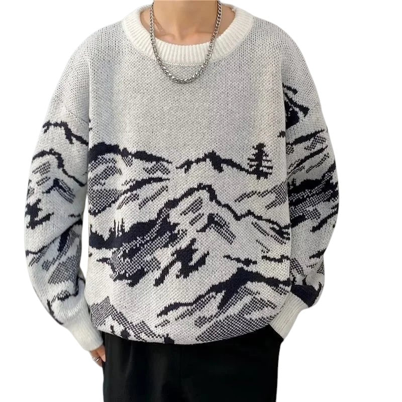 AuraXclusive men's beige and black crewneck sweater featuring a vintage mountain landscape jacquard knit pattern.