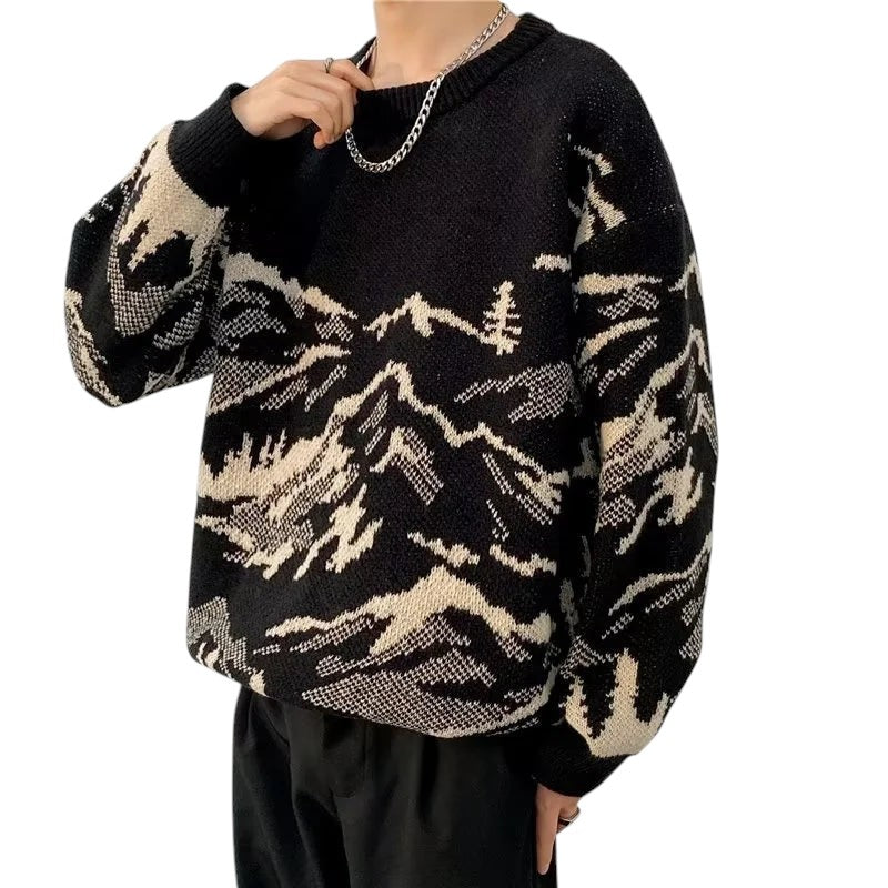 AuraXclusive men's black and beige crewneck sweater featuring a vintage mountain landscape jacquard knit pattern