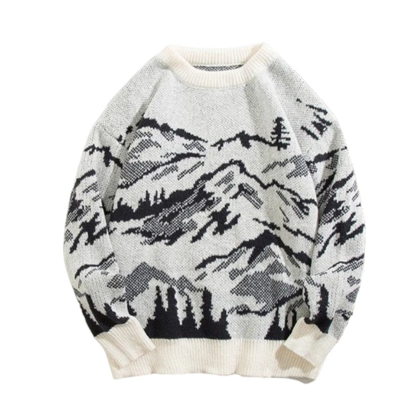 AuraXclusive men's vintage crewneck sweater featuring a black and white mountain landscape jacquard knit pattern.