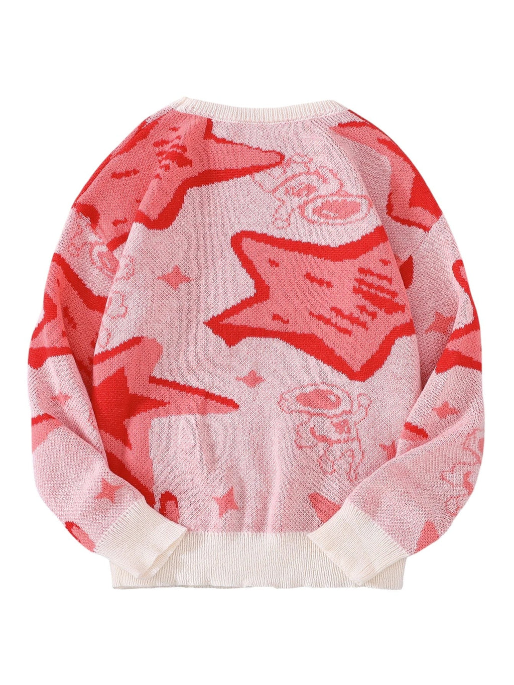 AuraXclusive pink and red knitted pullover sweater featuring an astronaut and star jacquard pattern with a round neck.