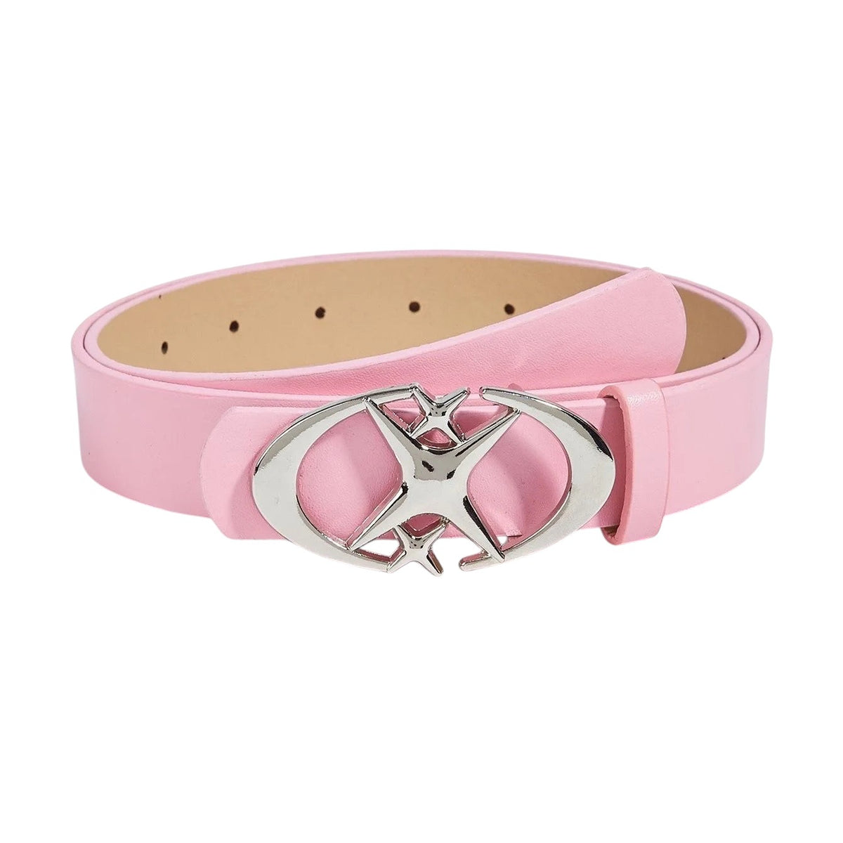 AuraXclusive pink PU leather belt featuring a stylish silver-tone oval cross metal buckle for a unisex fashion look.