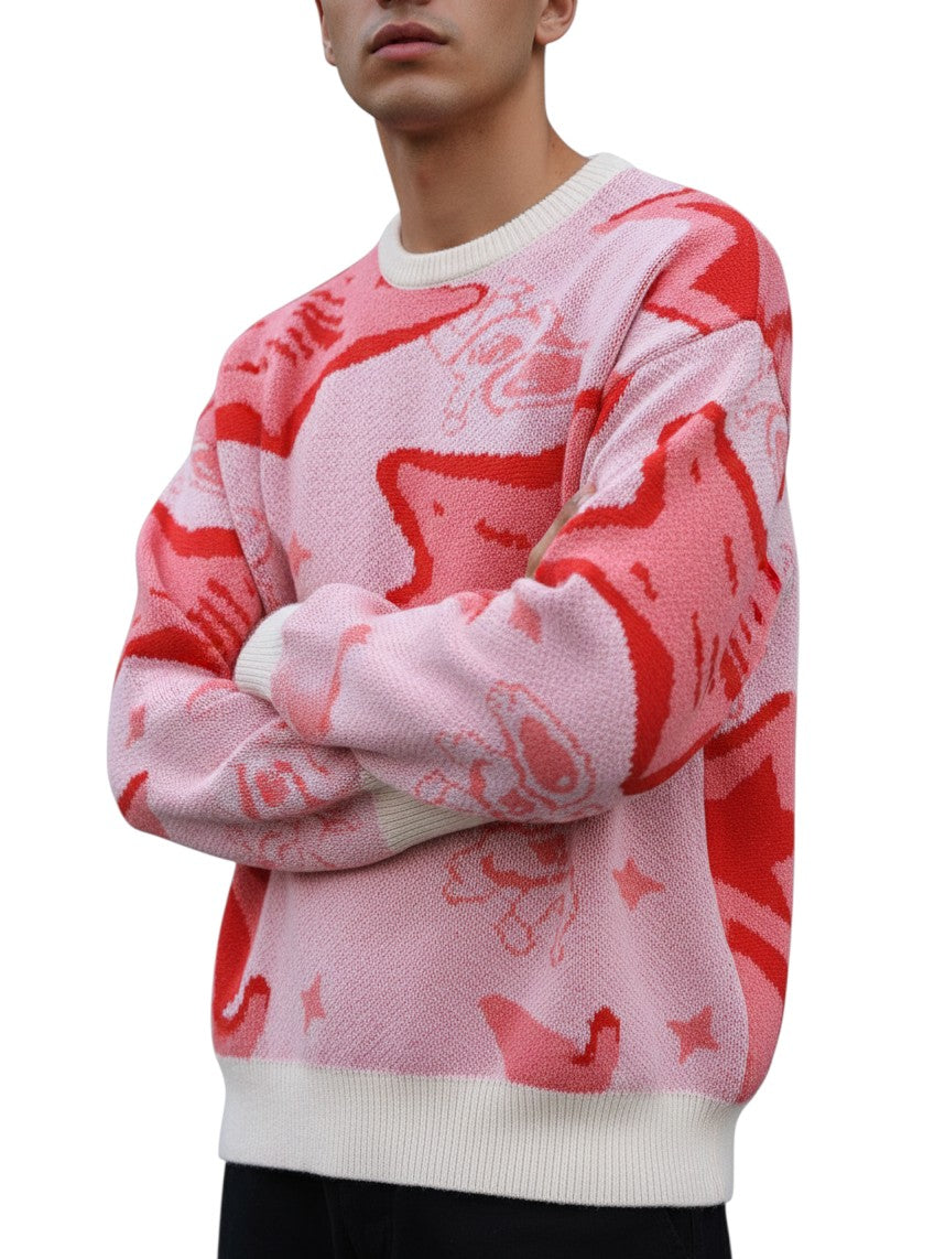AuraXclusive men's pink and red jacquard pullover sweater featuring an astronaut and star pattern with a round neck.