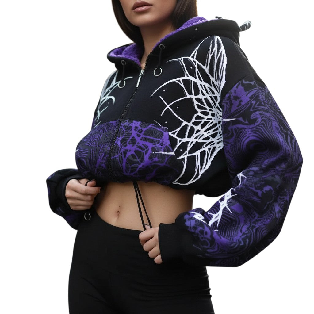 AuraXclusive Y2K style cropped zip-up hoodie in purple and black with a lightning crackle print and fleece lining.