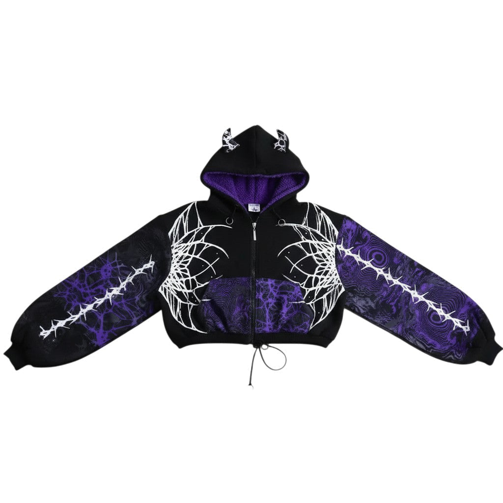 AuraXclusive Y2K style cropped zip-up hoodie in black and purple with white lightning crackle print and horn details.