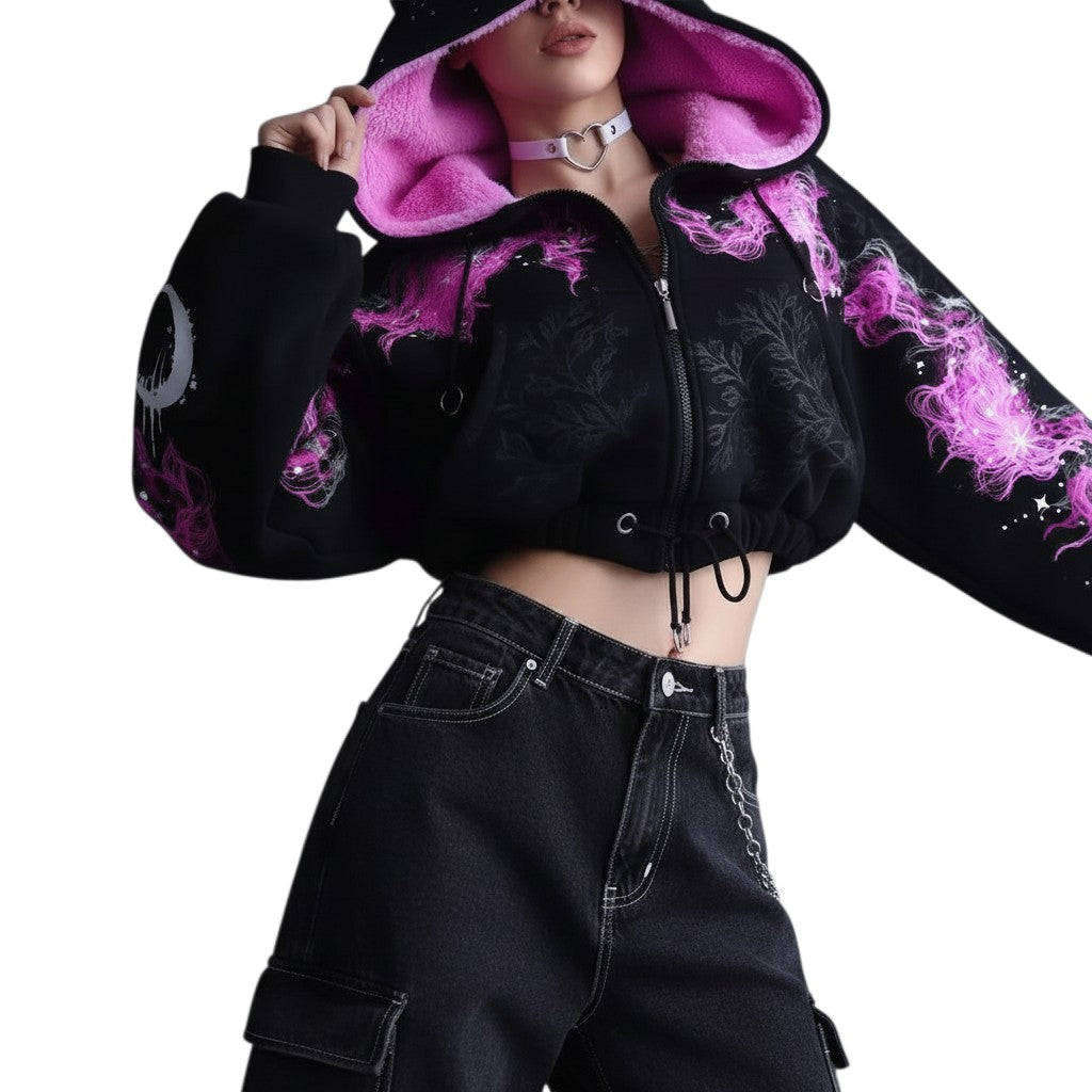 AuraXclusive Y2K grunge cropped zip-up hoodie in black with purple lightning print and pink fleece lining.