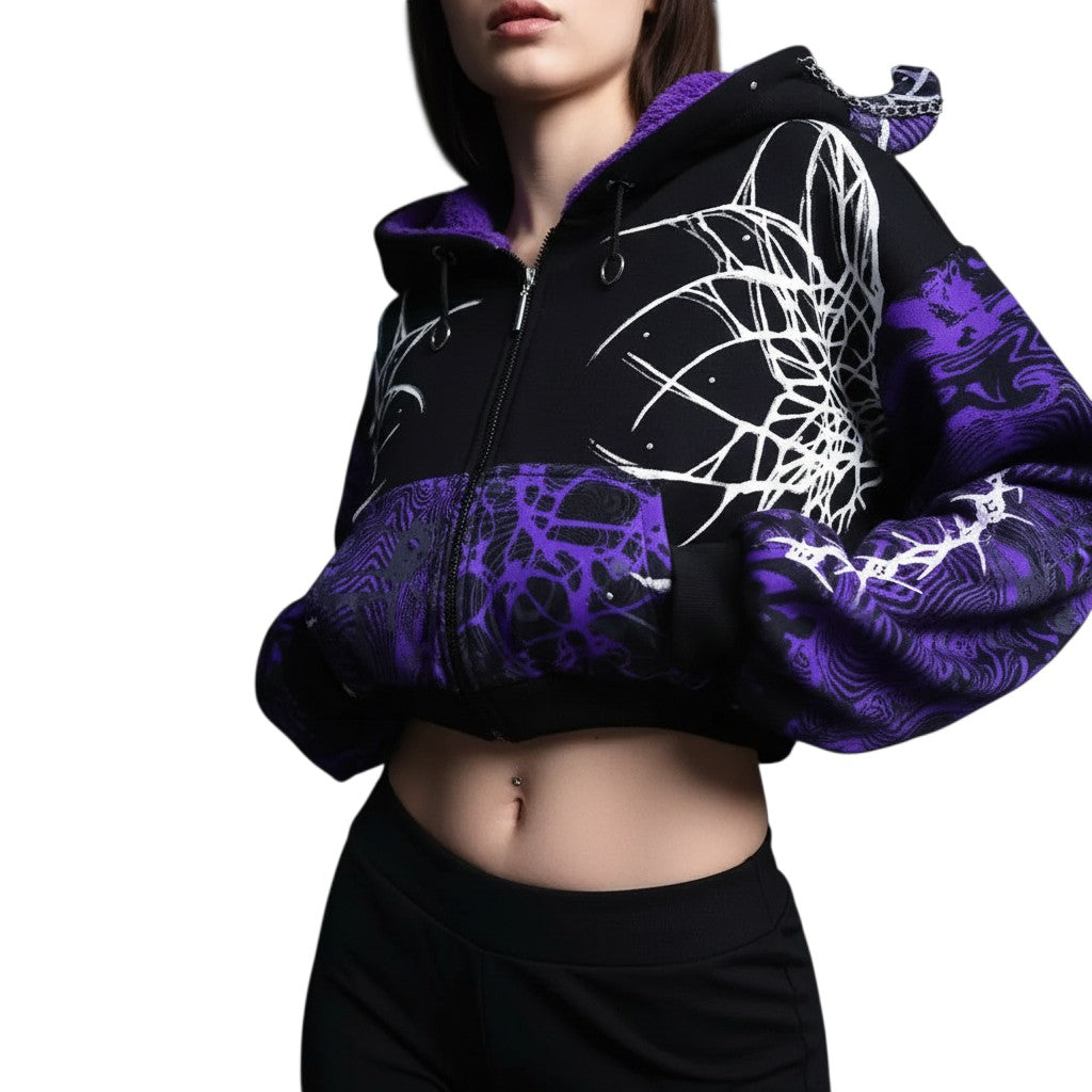 AuraXclusive Y2K style cropped zip-up hoodie in black and purple with a lightning crackle print and fleece lining.