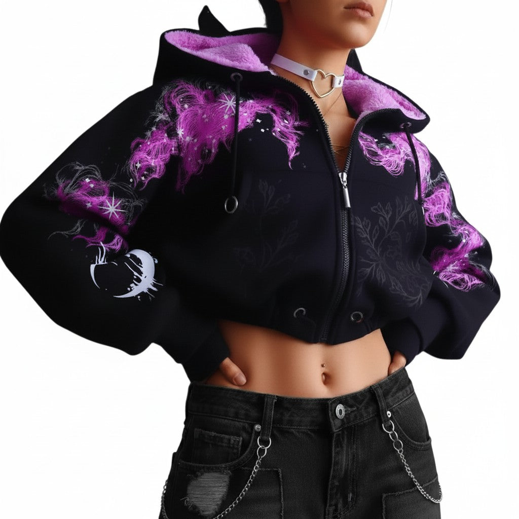 AuraXclusive Y2K grunge cropped zip-up hoodie in black with purple lightning crackle print and soft fleece lining.