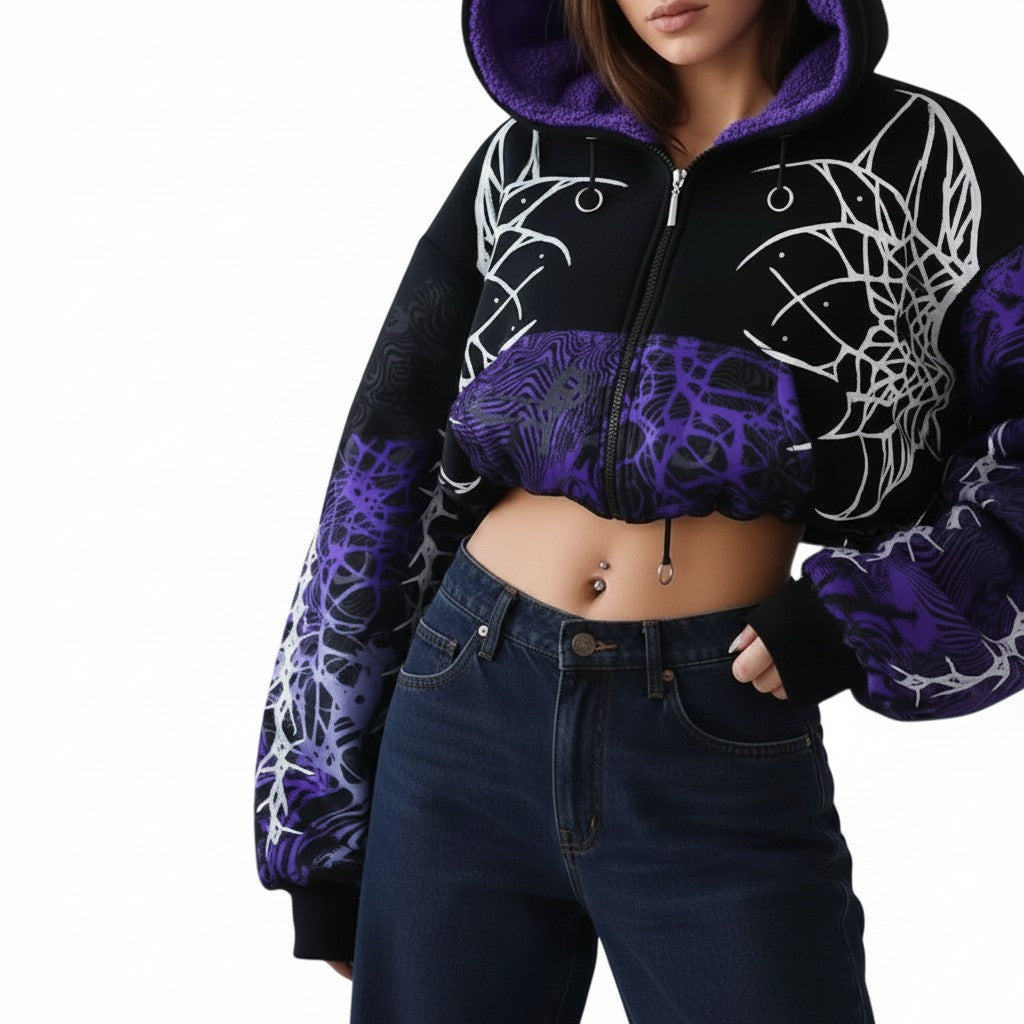 AuraXclusive Y2K grunge cropped zip-up hoodie in black and purple with a lightning crackle print and fleece lining.