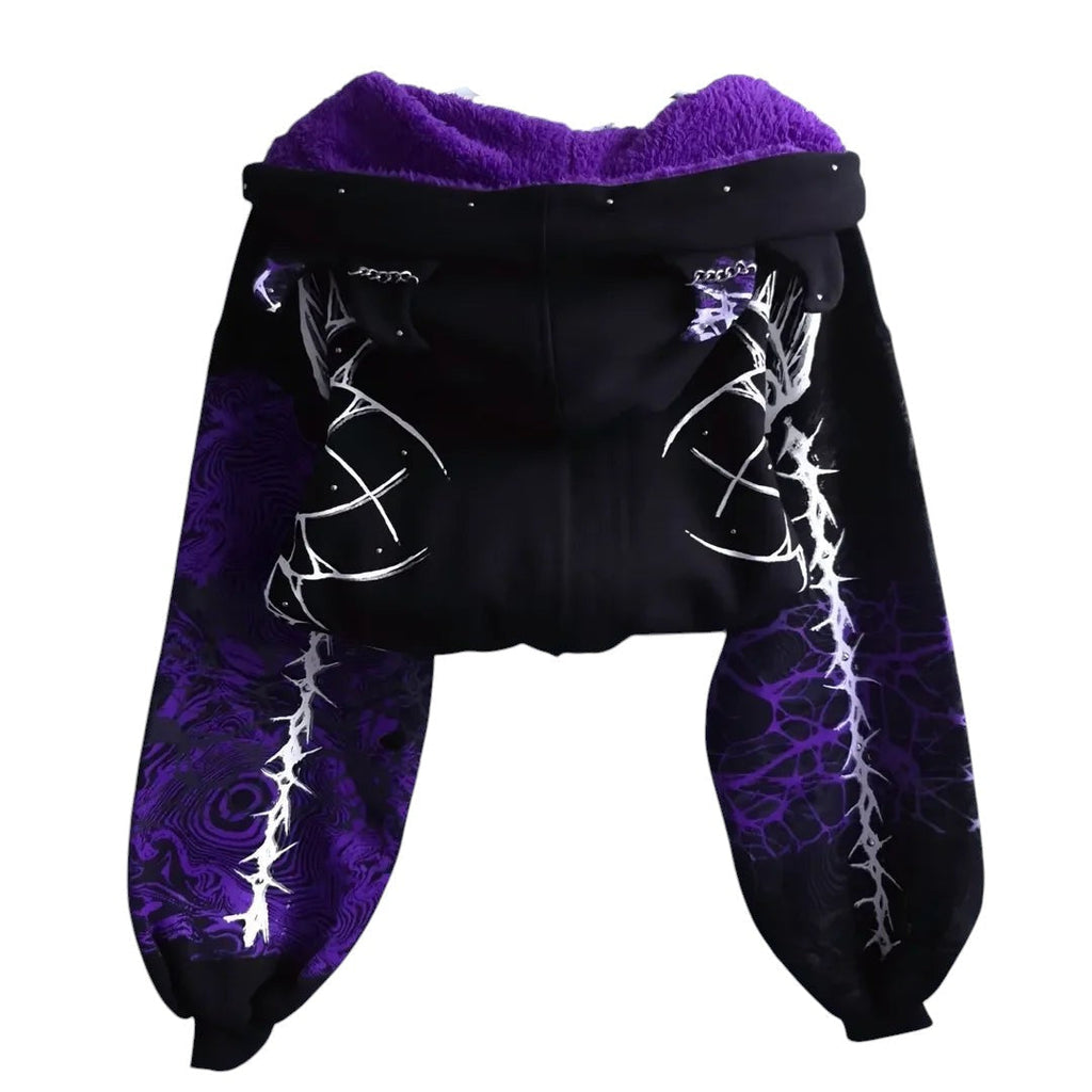AuraXclusive Y2K grunge cropped zip-up hoodie in black and purple with a lightning crackle print and fleece lining.