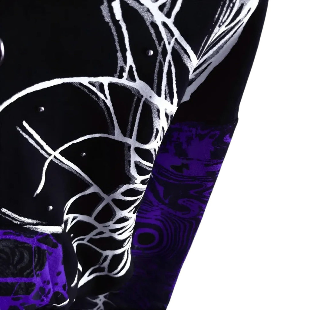 AuraXclusive Y2K style cropped zip-up hoodie featuring a black and purple lightning crackle print on polyester fabric.