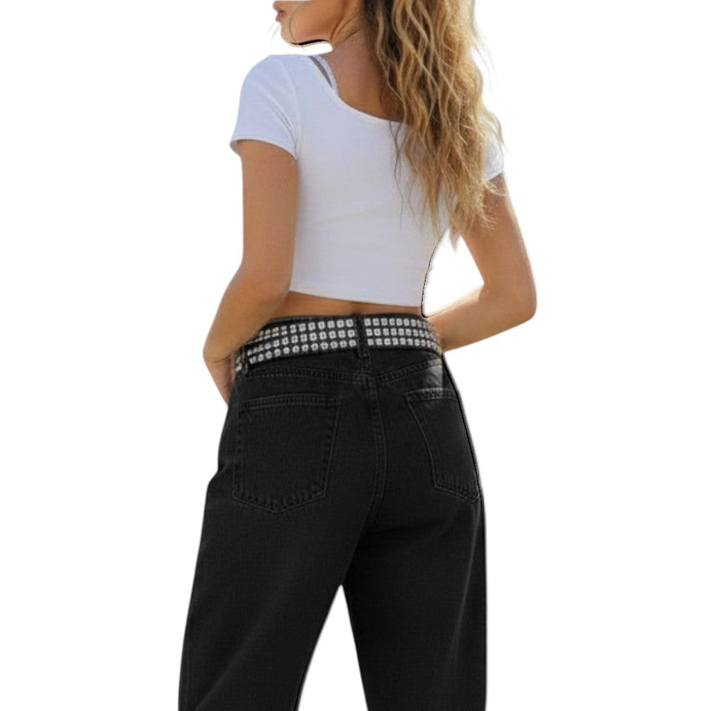 AuraXclusive Y2K style black leather belt with rhinestone studs worn by a woman in a white crop top and black jeans