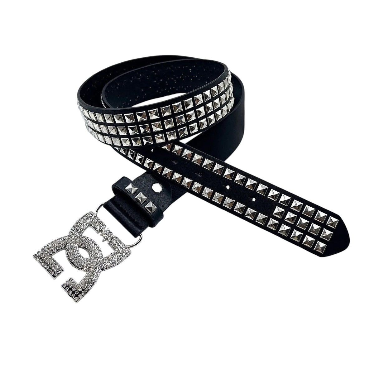 AuraXclusive black PU leather punk belt with double rows of silver studs and a large rhinestone-embellished buckle.