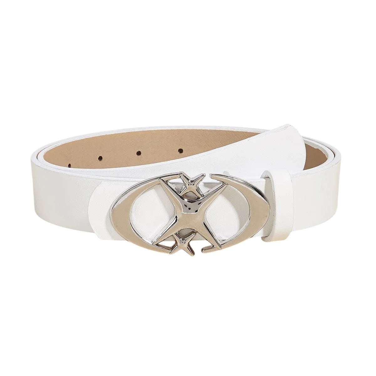 AuraXclusive white PU leather belt featuring a stylish oval cross metal buckle for a modern unisex fashion look.