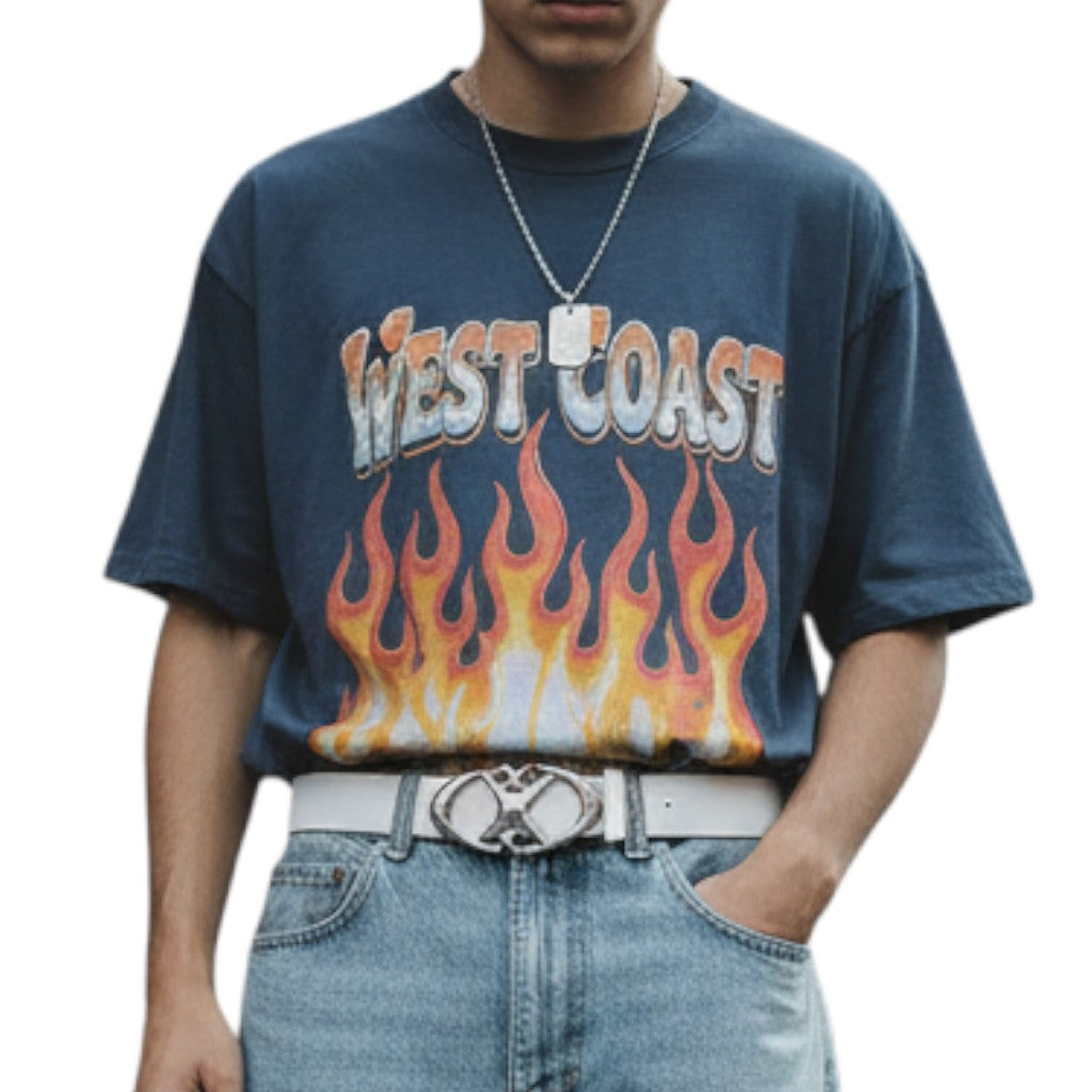 AuraXclusive unisex white PU leather belt featuring a unique oval cross metal buckle worn with light wash denim jeans.