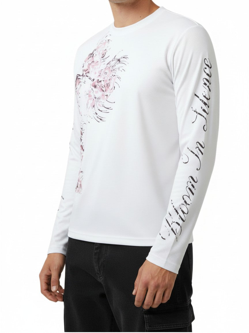 AuraXclusive white long-sleeved waffle-textured top with floral chest print and Bloom In Silence sleeve lettering