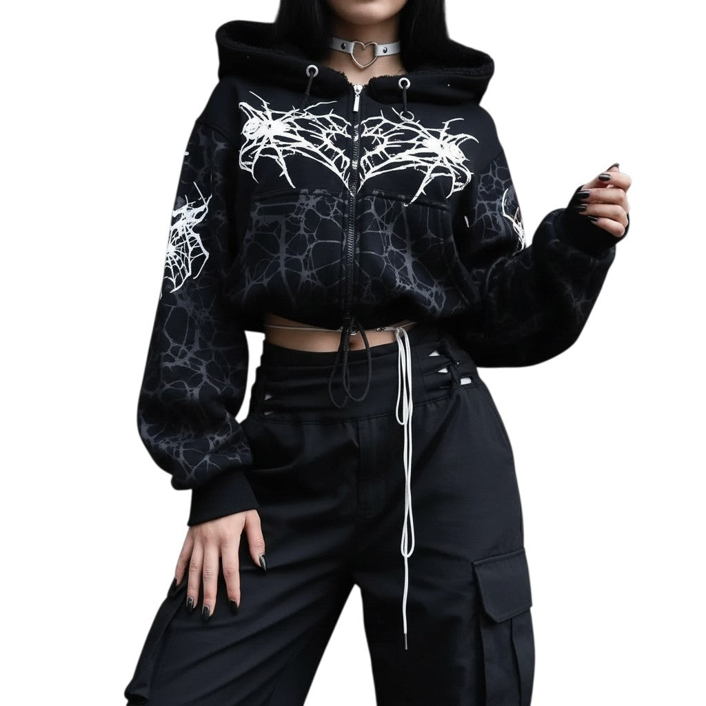 AuraXclusive Y2K grunge cropped zip-up hoodie in black with white lightning crackle print and fleece lining.